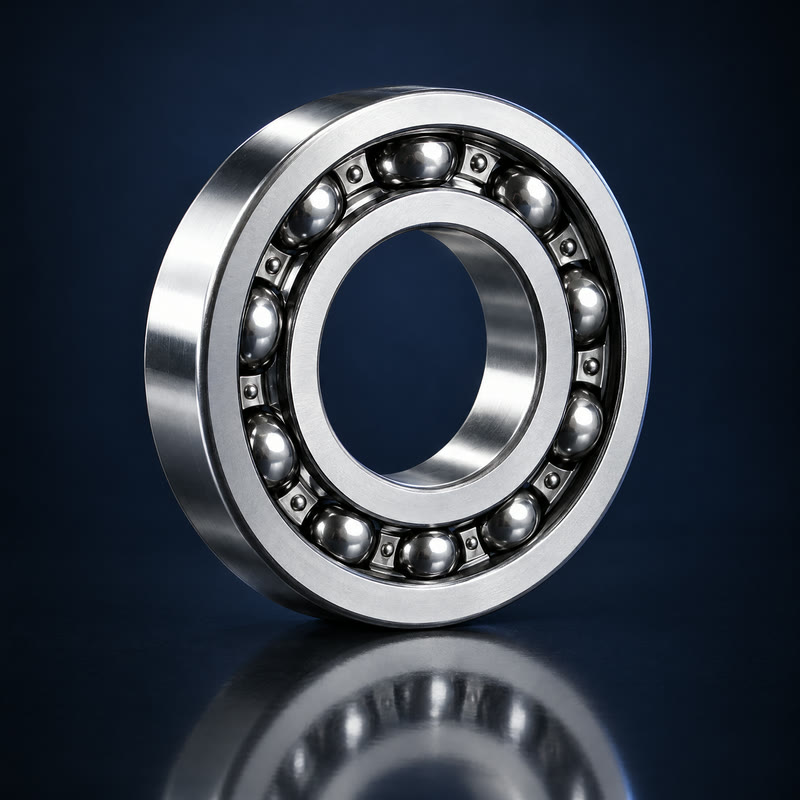 A steel ball bearing with a row of steel balls between its inner and outer rings