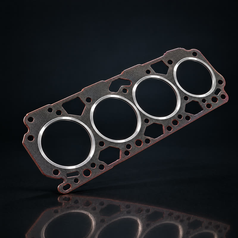 A composite head gasket for a four-cylinder engine, with steel rings around the cylinder holes
