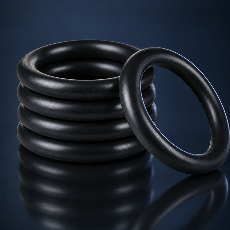 A stack of black rubber O-rings with one O-ring standing beside it