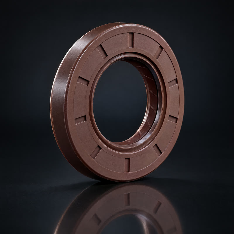 A brown rubber oil seal standing on its edge