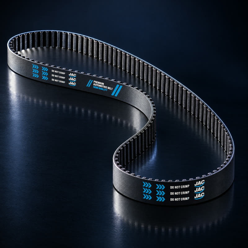 A JAC timing belt with teeth on the inside and the JAC print on the back