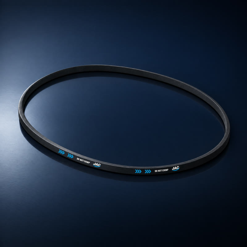A smooth black JAC V-belt with the JAC print on its side
