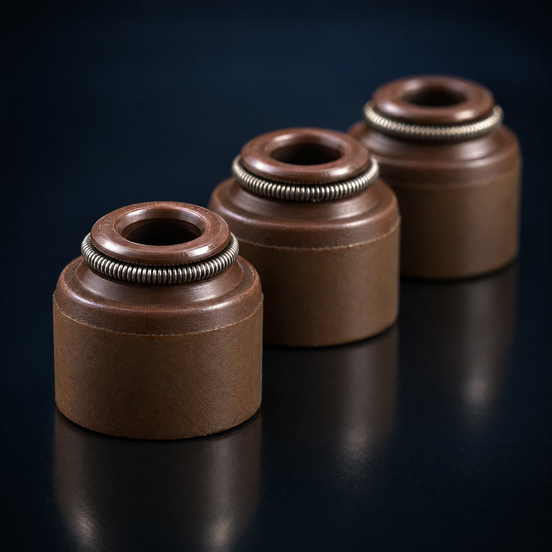 Three brown valve oil seals with a steel spring around the top