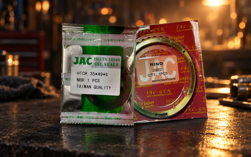 A JAC oil seal pouch and a JAC synchronizer ring pack on a workbench